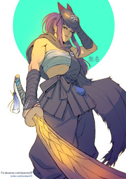 1girl bandages deviantart_username fox_mask glowing glowing_weapon holding holding_sword holding_weapon looking_to_the_side mask ninja nioh_2 original purple_hair rejean_dubois sarashi skull sword toned twitter_username weapon