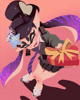 1girl black_hair blush callie_(splatoon) candy chocolate chocolate_heart closed_eyes earrings fangs food heart inkling jewelry long_sleeves necktie nintendo noskirr pointy_ears purple_hair shoes skirt socks splatoon_(series) sweater tentacle_hair twintails white_hair