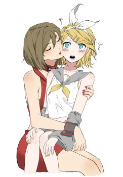 2girls blonde_hair blue_eyes blush bow bow_hairband brown_hair cheek-to-cheek closed_eyes commentary grey_shorts hair_ornament hairband hairclip hand_on_another's_arm hashtag-only_commentary heads_together highres kagamine_rin meiko_(vocaloid) multiple_girls neckerchief open_mouth red_nails red_shirt red_skirt school_uniform serafuku shirt short_hair shorts sitting sitting_on_lap sitting_on_person skirt sleeveless sleeveless_shirt vocaloid white_bow white_hairband white_shirt yellow_nails yellow_neckerchief yuri
