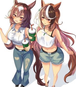 2girls alternate_costume animal_ears black_hair blush breasts brown_hair closed_mouth collared_shirt commentary_request crop_top cropped_shirt cup disposable_cup drink drinking_straw full_body grey_pants grey_shorts hanamura_pink highres holding holding_cup horse_ears horse_girl horse_tail large_breasts long_hair looking_at_viewer midriff multicolored_hair multiple_girls navel open_mouth pants purple_eyes red_eyes shirt shorts simple_background single-shoulder_shirt sirius_symboli_(umamusume) sleeveless sleeveless_shirt smile standing stomach streaked_hair symboli_rudolf_(umamusume) tail thighs umamusume white_background white_hair white_shirt white_streaks