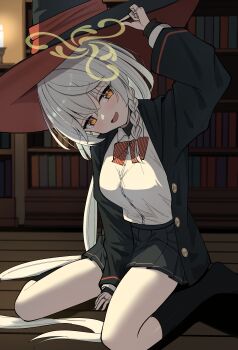 1girl absurdres arm_up black_robe black_skirt blue_archive blush bookshelf breasts collared_shirt cpk_prd eri_(blue_archive) hair_between_eyes halo hat highres indoors jewelry large_breasts long_hair long_sleeves looking_at_viewer open_mouth pleated_skirt ring robe shirt sitting skirt smile solo very_long_hair wariza white_hair white_shirt witch_hat wooden_floor yellow_halo