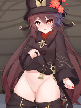 1girl blush breasts brown_hair brown_hat brown_pants brown_shirt cleft_of_venus clothes_lift clothes_pull commentary_request flower-shaped_pupils genshin_impact hat highres hu_tao_(genshin_impact) jewelry kurotsubete large_variant_set open_mouth pants pants_pull pussy red_nails ring shirt shirt_lift small_breasts solo symbol-shaped_pupils textless_version twintails variant_set