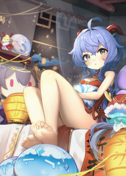 1girl :o absurdres aerial_fireworks aged_down ahoge amiemie117 bare_legs bare_shoulders barefoot blue_eyes blue_hair blush breasts character_doll china_dress chinese_clothes cleavage_cutout clothing_cutout cloud crossed_bangs cryo_slime_(genshin_impact) curtains doll dress feet fireworks fungi_(genshin_impact) ganyu_(genshin_impact) genshin_impact gold_trim hair_between_eyes highres horns indoors lantern lattice long_hair looking_at_viewer mandarin_collar night orb paper_lantern parted_lips qilin_(mythology) red_dress red_horns red_rope rope shelf sidelocks sitting sky sleeveless sleeveless_dress slime_(genshin_impact) small_breasts soles stuffed_animal stuffed_toy toes very_long_hair window