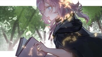 1girl aged_down black_hood blue_eyes book border chinese_commentary commentary_request elysia_(honkai_impact) highres holding holding_book honkai_(series) honkai_impact_3rd medium_hair open_mouth pink_hair pink_pupils procreate_(medium) seawave02974 solo tree white_border