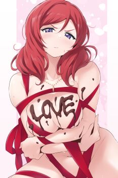 Rule 34 | 1girl, arms under breasts, blush, breasts, chocolate, chocolate on body, chocolate on breasts, commentary request, food on body, highres, kirisaki reina, large breasts, looking at viewer, love live!, love live! school idol project, medium breasts, naked ribbon, navel, nishikino maki, purple eyes, red hair, ribbon, solo, stomach, v-shaped eyebrows, valentine