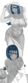 Rule 34 | 1girl, absurdres, ahsern19552, alternate breast size (larger), bikini, blue hair, breasts, cowboy shot, food, food in mouth, hat, highres, holding, holding food, holding popsicle, lana's mother (pokemon), large breasts, long hair, looking at viewer, mature female, multiple views, nintendo, parted lips, partially colored, plump, pokemon, pokemon (anime), pokemon the series: sun &amp; moon, popsicle, popsicle in mouth, sexually suggestive, simple background, straw hat, sun hat, sweat, swimsuit, upper body, white background