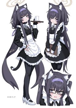 1girl absurdres alternate_costume animal_ear_fluff animal_ears apron bags_under_eyes black_dress black_eyes black_hair black_pantyhose blue_archive blue_ribbon blush book cat_ears cat_tail closed_mouth commentary_request crossed_bangs dated dress frilled_apron frilled_dress frills glasses hair_ribbon halo heart high_heels highres holding holding_book holding_tray kilabo long_hair long_sidelocks looking_at_viewer low_twintails maid_apron maid_headdress multiple_views pantyhose rectangular_eyewear ribbon shoes sidelocks simple_background sleeve_cuffs solo sweatdrop tail tail_ornament tail_ribbon tray twintails upper_body white_shoes yellow_halo