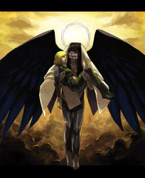 1boy 1girl angel angel_wings barefoot black_border black_hair black_wings blonde_hair border carrying closed_eyes cloud cloudy_sky colored_skin commentary_request dark_cloud demon_(megami_tensei) feathered_wings full_body grey_skin halo kurobis long_hair mask mastema_(megami_tensei) military_uniform princess_carry shin_megami_tensei shin_megami_tensei:_strange_journey short_hair sky sunlight white_mask wings yellow_sky zelenin_(strange_journey)