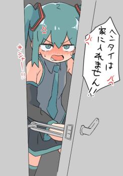 anger_vein angry bare_shoulders black_skirt black_sleeves black_thighhighs blue_eyes blue_hair blue_necktie blush door door_lock full-face_blush grey_shirt hair_ornament hatsune_miku long_sleeves necktie open_mouth pleated_skirt sagami_sagari shirt skirt sleeveless speech_bubble thighhighs translated twintails vocaloid