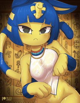 1girl animal_crossing animal_ears ankha_(animal_crossing) artist_name bare_shoulders black_eyes blue_hair blunt_bangs blurry blurry_background blush bob_cut body_fur breasts breasts_squeezed_together cat_ears cat_girl cat_tail closed_mouth crop_top female_focus furry furry_female gold groin hair_ornament half-closed_eyes hands_up hieroglyphics highres looking_at_viewer navel nintendo nipples no_bra out-of-frame_censoring patreon_logo patreon_username rilex_lenov see-through_clothes see-through_shirt shirt short_hair sidelocks sleeveless sleeveless_shirt snake_hair_ornament solo stomach striped_tail tail tail_raised upper_body usekh_collar watermark web_address wet wet_clothes wet_shirt white_shirt yellow_fur