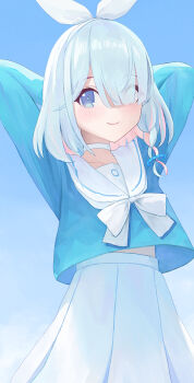 1girl absurdres arms_behind_head arona_(blue_archive) blue_archive blue_eyes blue_shirt blush bow bow_hairband bowtie braid choker closed_mouth collarbone colored_inner_hair commentary cowboy_shot eyes_visible_through_hair gradient_background hair_over_one_eye hairband highres kumare_yuki looking_at_viewer missing_halo multicolored_hair pink_hair sailor_collar school_uniform shirt short_hair side_braid skirt smile solo standing white_bow white_bowtie white_choker white_sailor_collar white_skirt