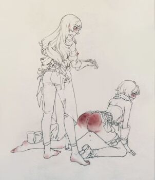 2girls all_fours ass barefoot blush boots breasts breasts_out commission crying crying_with_eyes_open ear_blush eyes_visible_through_hair female_focus femdom full_body gloves highres legs_apart lineart long_hair looking_back medium_breasts monochrome multiple_girls neopolitan_(rwby) nipples pussy pussy_juice pussy_juice_drip qiansheng01744 riding_crop ruby_rose rwby second-party_source shoes short_hair simple_background single_boot spanked spot_color standing tears thigh_boots unworn_boot unworn_shoes whip_marks white_background yuri