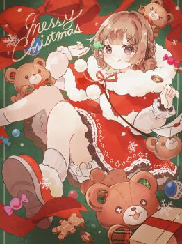 1girl :3 :q blunt_bangs blush box brown_eyes brown_hair candy capelet christmas closed_mouth commentary dot_nose dress food foot_out_of_frame frilled_dress frills fur-trimmed_capelet fur-trimmed_shoes fur_trim gift gift_box hair_ornament highres holding holding_candy holding_food holding_lollipop lollipop long_sleeves looking_at_viewer merry_christmas neck_ribbon original red_capelet red_dress red_ribbon red_shoes ribbon santa_costume santa_dress shoes short_hair smile socks solo stuffed_animal stuffed_toy symbol-only_commentary teddy_bear tongue tongue_out white_socks x_hair_ornament zane290