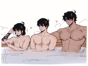 1girl 2boys arm_tattoo black_hair closed_eyes commentary dragon_tattoo english_commentary han_sooyoung heart highres kim_dokja milk_(kdj_milk) mole mole_under_eye multiple_boys omniscient_reader's_viewpoint pectorals puffy_male_chest scar shared_bathing short_hair tan tattoo topless_female topless_male very_short_hair water yoo_joonghyuk