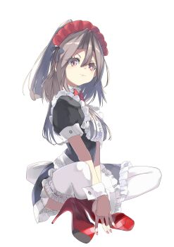 1girl absurdres alternate_costume black_dress brown_eyes commentary dress enmaided fei_(feikotake) frilled_thighhighs frills grey_hair hair_between_eyes high_heels highres indian_style kantai_collection long_hair maid maid_headdress platform_shoes red_shoes shoes simple_background sitting solo stiletto_heels symbol-only_commentary thighhighs white_background white_thighhighs zuihou_(kancolle)