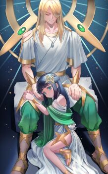 1boy 1girl akari_(pokemon) black_hair blonde_hair blue_eyes closed_eyes closed_mouth commentary_request green_pants hair_ornament highres jewelry long_hair mitama_(mokochiko) necklace nintendo pants pokemon pokemon_legends:_arceus sandals sitting tunic volo_(pokemon) white_tunic