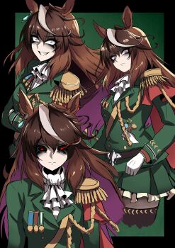Rule 34 | 1girl, absurdres, aiguillette, animal ears, ascot, black sclera, black thighhighs, brown hair, buttons, cape, closed mouth, colored sclera, commentary request, double-breasted, earrings, epaulettes, eye trail, gloves, glowing, glowing eyes, green jacket, green skirt, grin, hair between eyes, highres, horse ears, horse girl, jacket, jewelry, light trail, long hair, long sleeves, looking at viewer, medal, multicolored hair, multiple views, nagai negi, open mouth, purple eyes, red cape, side cape, single earring, single epaulette, skirt, smile, streaked hair, symboli rudolf (emperor's path) (umamusume), symboli rudolf (umamusume), teeth, thighhighs, umamusume, white ascot, white gloves, white hair