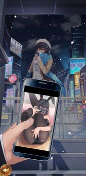 1boy 1girl animal_ears ass black_hair breasts cellphone censored city covering_own_eyes fake_animal_ears gameplay highres large_breasts night outdoors phone photo_(object) photo_comparison playboy_bunny rabbit_ears scarf selfie shoujo_kaisen sky smartphone sousou_moutoku_(shoujo_kaisen)