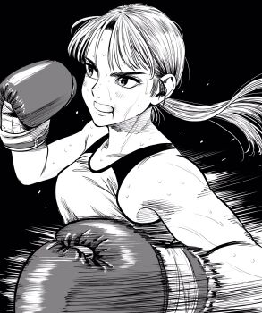1girl blood blood_from_mouth boxing boxing_gloves breasts commentary_request flying_sweatdrops from_side greyscale highres lee_(dragon_garou) light_blush long_hair low_ponytail medium_breasts monochrome mouth_guard original ponytail punching serious solo sports_bra sweat upper_body very_sweaty