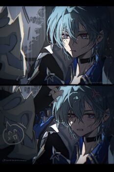 2boys absurdres ahoge anger_vein angry annoyed armor belt belt_collar black_belt blue_gloves blue_shirt blush choker coat collar collared_shirt commentary_request ear_piercing earrings fingerless_gloves genshin_impact gloves green_hair hair_between_eyes hair_intakes highres jewelry lohen_(genshin_impact) male_focus mole mole_under_eye multicolored_eyes multicolored_gloves multiple_boys nontamewmew parted_lips piercing rain reaching reaching_towards_another shirt short_hair shoulder_armor single_earring twitter_username two-tone_gloves varka_(genshin_impact) water_drop wet wet_clothes wet_face wet_hair