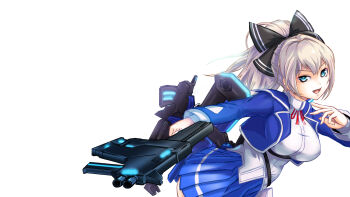 Rule 34 | 1girl, ass, black bow, black ribbon, blonde hair, blue eyes, blue jacket, blue skirt, bow, breasts, commentary request, gun, hair bow, hair ribbon, highres, holding, holding gun, holding weapon, jacket, kaze (starward), kiyukisuke, large breasts, long sleeves, looking at viewer, miniskirt, neck ribbon, open mouth, ponytail, red ribbon, ribbon, school uniform, shirt, skirt, solo, starward, weapon, white shirt