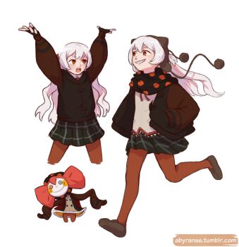 Rule 34 | 1girl, abyranss, beanie, black coat, black scarf, brown pantyhose, charlotte (madoka magica), coat, commentary, dual persona, english commentary, grin, hands in pockets, hat, long hair, mahou shoujo madoka magica, mahou shoujo madoka magica: hangyaku no monogatari, mahou shoujo madoka magica (anime), mitakihara school uniform, momoe nagisa, neck ribbon, open clothes, open coat, open mouth, pantyhose, plaid clothes, plaid skirt, pleated skirt, polka dot, polka dot scarf, pom pom (clothes), pom pom beanie, red ribbon, ribbon, scarf, school uniform, sharp teeth, shirt, skirt, smile, teeth, thick eyebrows, tumblr username, two side up, upper teeth only, watermark, white hair, witch (madoka magica), yellow eyes, yellow shirt