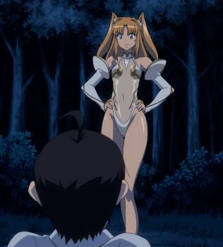 1girl absurdres breasts covered_navel curvy futaba_lili_ramses green_eyes hands_on_own_hips highres legs leotard long_hair looking_at_viewer orange_hair small_breasts smile stitched tentacle_and_witches thick_thighs thighs third-party_edit twintails wide_hips