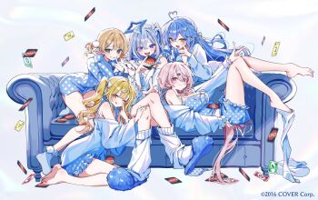 5girls ahoge amane_kanata bare_shoulders blonde_hair blue_eyes blue_hair blue_slippers blue_socks breasts brown_hair closed_mouth couch elf full_body green_eyes highres hololive hoshikawa_sara indie_virtual_youtuber kudo_eru long_hair long_sleeves looking_at_viewer loose_socks multiple_girls nijisanji official_art on_couch open_mouth pink_eyes pink_hair pointy_ears shigure_ui_(vtuber) shiina_yuika simple_background sitting slippers smile socks thighhigh_dangle thighhighs unworn_legwear virtual_youtuber white_background white_socks white_thighhighs yellow_eyes yukihana_lamy
