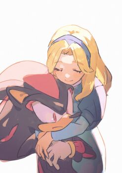 1boy 1girl aoki_(fumomo) black_fur blonde_hair blue_dress blue_hairband closed_eyes dress furry furry_male hairband hedgehog_boy highres hug hug_from_behind maria_robotnik red_eyes shadow_the_hedgehog simple_background smile sonic_(series) two-tone_fur white_background