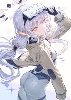 1girl arched_back ariko_(aaaaarik) ass blue_archive blunt_bangs bodysuit breasts brown_jacket closed_mouth commentary cowboy_shot floating_clothes floating_hair from_side glint grey_hair hair_tubes halo head-mounted_display highres himari_(armed)_(blue_archive) himari_(blue_archive) jacket light_blush long_hair long_pointy_ears long_sleeves looking_at_viewer mole mole_under_eye official_alternate_costume open_clothes open_jacket pointy_ears purple_eyes skin_tight small_breasts small_sweatdrop smile solo standing turning_head very_long_hair white_bodysuit