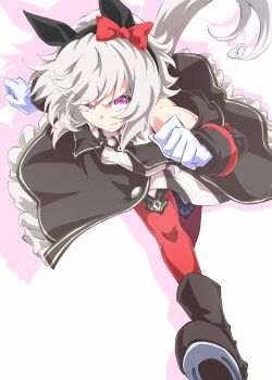 >:) 1girl animal_ears bare_shoulders black_boots black_dress boots bow breasts clenched_hands closed_mouth commentary_request curren_chan_(fille_eclair)_(umamusume) curren_chan_(umamusume) dress ear_bow gloves grey_hair highres horse_ears horse_girl horse_tail horseshoe long_sleeves looking_at_viewer purple_eyes red_bow red_thighhighs running short_hair solo striped_clothes striped_dress tail thighhighs umamusume v-shaped_eyebrows vertical-striped_clothes vertical-striped_dress white_background white_gloves zukki_(bijitaru)