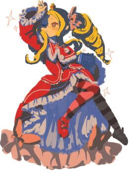 1girl beatrice_(re:zero) blonde_hair blue_eyes book bow butterfly-shaped_pupils capelet closed_mouth commentary_request crown dress drill_hair gunyuu180 hair_bow hand_on_own_head highres holding holding_book looking_up mini_crown pink_ribbon re:zero_kara_hajimeru_isekai_seikatsu red_capelet red_dress ribbon sidelocks symbol-shaped_pupils twin_drills white_background