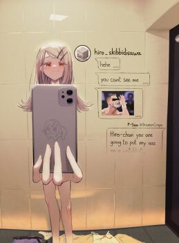 1girl bathroom bramoncrepe cellphone censored censored_identity convenient_censoring doro_(nikke) english_text gakuen_idolmaster grey_hair hair_ornament hairclip highres holding holding_phone idolmaster john_cena long_hair minecraft nude orange_eyes panties phone shinosawa_hiro skeleton_(minecraft) smartphone smile smug solo swept_bangs text_messaging underwear unworn_panties white_panties wwe