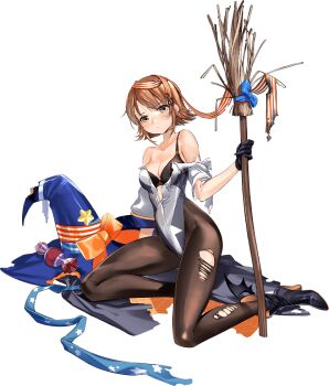 1girl bat_wings black_boots black_bra black_cape black_gloves black_pantyhose blue_hat blue_leotard boots bra breasts broom brown_eyes brown_hair burnt_clothes candy cape flipped_hair food full_body gloves grey_leotard halloween_costume hat highleg highleg_leotard kantai_collection lantern leotard looking_at_viewer medium_breasts multicolored_leotard official_art pantyhose ribbon richard_p._leary_(halloween)_(kancolle) richard_p._leary_(kancolle) second-party_source short_hair solo third-party_source torn_clothes torn_pantyhose transparent_background two-sided_cape two-sided_fabric two-tone_leotard underwear unworn_cape unworn_hat unworn_headwear wings witch_hat zeco