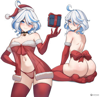 1girl ahoge artist_name ass babydoll back bare_shoulders bell blue_eyes blue_hair blush box breasts commentary cowlick drop-shaped_pupils english_commentary eyes_visible_through_hair from_behind full_body furina_(genshin_impact) genshin_impact gift gift_box gloves hair_between_eyes hat heterochromia highres hioyami kneeling looking_at_viewer looking_back medium_hair mismatched_pupils multicolored_hair multiple_views navel neck_bell nude paid_reward_available panties parted_lips red_babydoll red_gloves red_panties red_ribbon red_thighhighs ribbon santa_hat short_hair simple_background small_breasts smile stomach streaked_hair symbol-shaped_pupils thighhighs thighs two-tone_background underwear white_hair