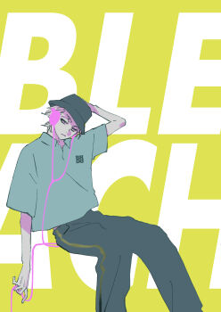 1boy 2024 arm_behind_head bleach bucket_hat closed_mouth copyright_name hat headphones hitsugaya_toushirou kubo_tite male_focus official_art pants shirt short_hair simple_background sitting yellow_background