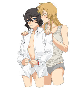 2girls absurdres alternate_costume bare_shoulders black_hair blonde_hair blue_eyes bracelet breasts chinese_commentary collared_jacket commentary grey_panties grey_shirt hands_on_another&#039;s_shoulders heart-shift_bracelets highres jacket jewelry jiguang_haibao koishikawa_iko long_hair looking_at_viewer momijiyama_teru multiple_girls navel no_bra no_eyewear open_clothes open_jacket panties parted_lips scar scar_across_eyebrow scar_on_face shirt short_hair shy_(series) sideboob simple_background sleeveless sleeveless_shirt small_breasts sweatdrop teeth underwear white_background white_jacket white_panties yellow_eyes yuri