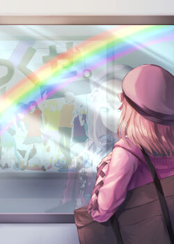 1girl :3 aqua_eyes bag beret bow bowtie brown_bag brown_hair cardigan closed_mouth commentary cross-laced_clothes cross-laced_sleeves from_behind fuwa_minato hair_bow hand_up hat highres holding_strap hoshikawa_sara juunishi_aya kuzuha_(nijisanji) lize_helesta long_hair long_sleeves looking_through_window nijisanji nijisanji_fes_t-shirt pink_bow pink_cardigan poster_(object) purple_hat rainbow reflection sasaki_saku sebastian_piyodore shoulder_bag smile solo suzuhara_lulu suzuhara_lulu_(1st_costume) tsukino_mito virtual_youtuber window