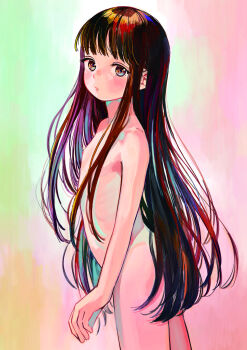 1girl absurdres black_hair blush brown_eyes completely_nude eikoh flat_chest highres loli long_hair looking_at_viewer nipples nude original parted_lips solo very_long_hair