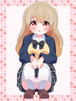 1girl black_bow black_bowtie black_jacket black_skirt blush bow bow_panties bowtie breasts brown_hair brown_shoes cameltoe jacket long_hair long_sleeves looking_at_viewer medium_breasts minagi_koharu open_clothes open_jacket open_mouth panties pink_background pink_bow pink_panties plaid_clothes plaid_skirt r245 red_eyes school_uniform shirt shoes skirt slow_loop squatting striped_bow striped_bowtie striped_clothes thick_thighs thighhighs thighs twintails underwear vest white_shirt white_thighhighs yellow_vest