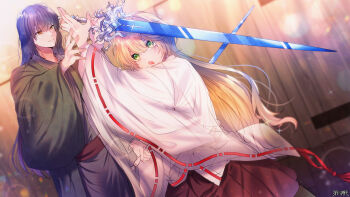 1boy 1girl :o blonde_hair blurry blurry_background brown_eyes copyright_name dairoku_ryouhei dutch_angle elizabeth_knights green_eyes hal_ewigskeicht hand_up highres holding holding_sword holding_weapon japanese_clothes kimono long_hair mayoko_na_kuroneko purple_hair see-through_clothes see-through_sleeves standing sword very_long_hair weapon wide_sleeves
