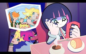 Rule 34 | 2boys, 3girls, absurdres, bastard (psg), beach, bikini, black jacket, blonde hair, blue eyes, blue hair, blue nails, breasts, brief (psg), cake, cake slice, coffee, colored inner hair, colored skin, couple, demon girl, demon horns, drawingmuscles, earrings, family, father and son, food, fork, freckles, ghostbusters uniform, goth fashion, green eyes, green hoodie, hair over eyes, happy, hashtag-only commentary, headphones, highres, hood, hoodie, horns, husband and wife, jacket, jewelry, junior (psg), long hair, middle finger, mother and son, multicolored hair, multiple boys, multiple girls, official style, open mouth, orange hair, panty &amp; stocking with garterbelt, panty (psg), photo (object), picture frame, pink hair, priestess, purple hair, red nails, red skin, short hair, smile, stocking (psg), strapless, swimsuit, topless male, tube top, two-tone hair