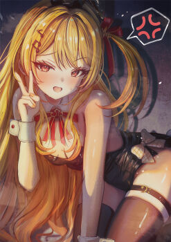 1girl absurdres alternate_costume anger_vein bare_shoulders black_leotard black_thighhighs blonde_hair bow breasts cleavage commentary_request detached_collar fortissimo gradient_hair hair_ornament highres hololive legband leotard looking_at_viewer mito_soosu multicolored_hair musical_note musical_note_hair_ornament open_mouth orange_eyes orange_hair otonose_kanade playboy_bunny speech_bubble thick_thighs thighhighs thighs v virtual_youtuber white_bow