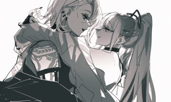2girls bai_yi_(path_to_nowhere) bare_shoulders twirling_hair highres hug long_hair looking_at_another monochrome multiple_girls path_to_nowhere playing_with_another&#039;s_hair ponytail rekka short_hair smile tattoo yuri zoya_(path_to_nowhere)
