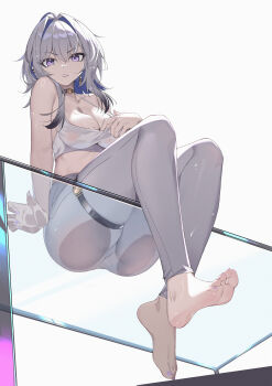 1girl absurdres against_glass ass ass_on_glass ass_press bare_shoulders barefoot black_choker breasts chahu_pao choker cleavage collarbone earrings feet fingernails from_below galbrena_(wuthering_waves) glass grey_hair highres jewelry large_breasts leggings looking_at_viewer medium_hair missing_commentary mole mole_on_breast nail_polish parted_lips purple_nails soles solo sports_bra sweat toenail_polish toenails toes v-shaped_eyebrows white_leggings white_sports_bra wuthering_waves