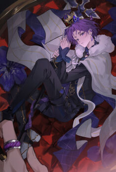 1boy absurdres black_pants blnag_peapond blue_lock cape commentary_request crown earrings flower fur_trim highres jewelry long_sleeves looking_at_viewer lying male_focus mikage_reo on_side pants purple_eyes purple_hair solo solo_focus teeth thigh_strap