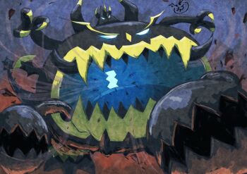 claws commentary_request gen_7_pokemon guzzlord horns nintendo no_humans onepiece_banbi open_mouth pokemon pokemon_(creature) pokemon_focus solo ultra_beast wind