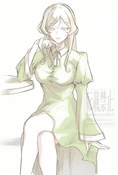 1girl artist_name breasts buttons chest_ribbon crossed_legs dress dungeon_ni_deai_wo_motomeru_no_wa_machigatteiru_darou_ka freya_(danmachi) green_dress highres large_breasts long_hair long_sleeves seductive_smile sidelocks sitting sketch smile solo usaginoasibell watermark