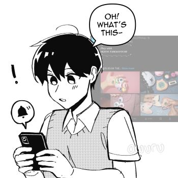 ! areuwuu black_hair collared_shirt commentary double-parted_bangs english_commentary english_text greyscale hair_between_eyes highres holding holding_phone kim_dokja male_focus monochrome oldest_dream omniscient_reader&#039;s_viewpoint phone screenshot_inset shirt spoken_emoji vest