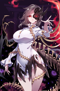 Rule 34 | 1girl, absurdres, breasts, brown hair, commentary request, dress, fossilized wonders, half mask, highres, iwanaga ariya, large breasts, looking at viewer, mask, pointy ears, raptor7, red eyes, short hair, single wing, solo, touhou, white dress, wings